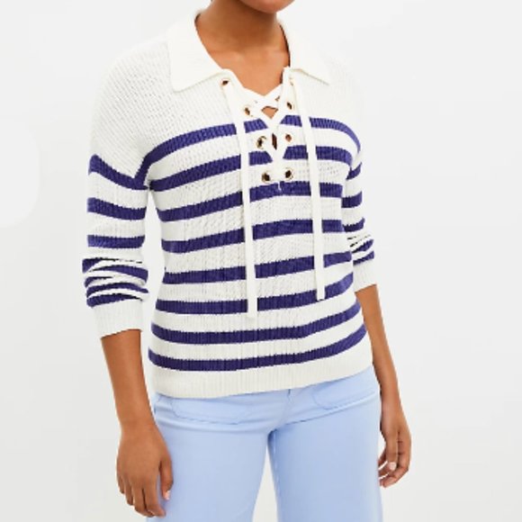 NWT LOFT Striped Lace Up Polo Sweater - Picture 1 of 6